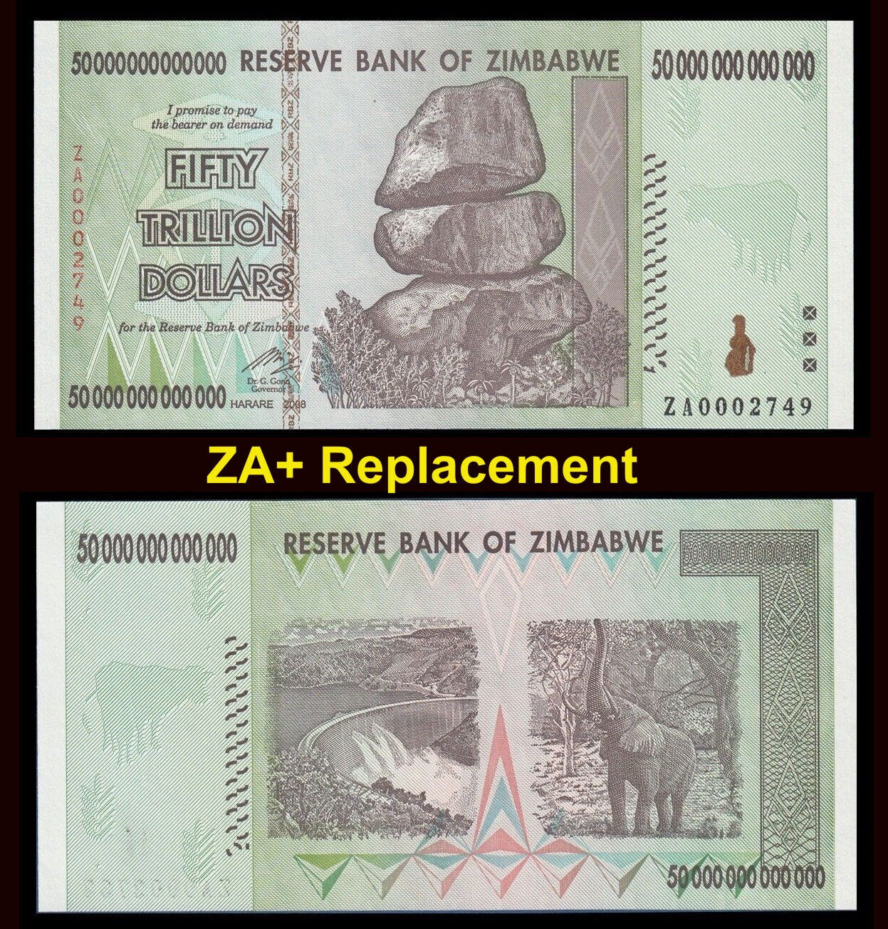 Zimbabwe 50 Trillion Dollars Banknote ZA+ Replacement